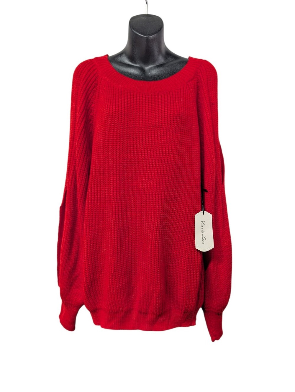 Vine & Love Womens Red Knit Cut-Out Sleeve Scoop Neck Pullover Sweater Sz L NWT